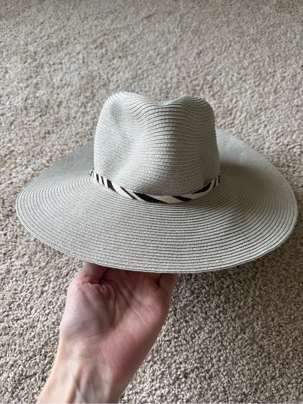 Hat Attack Anthropologie Wide-Brim Fedora Light Gray w/Black-Striped Zebra Band